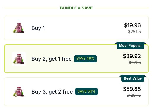 Buy 1, buy 2 get 1 free, buy 3 get 2 free offer on a Livyond product page